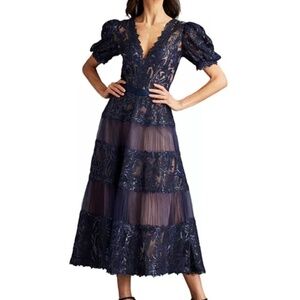 Tadashi Shoji Navy Ziya Embellished Puff Sleeve Midi Dress